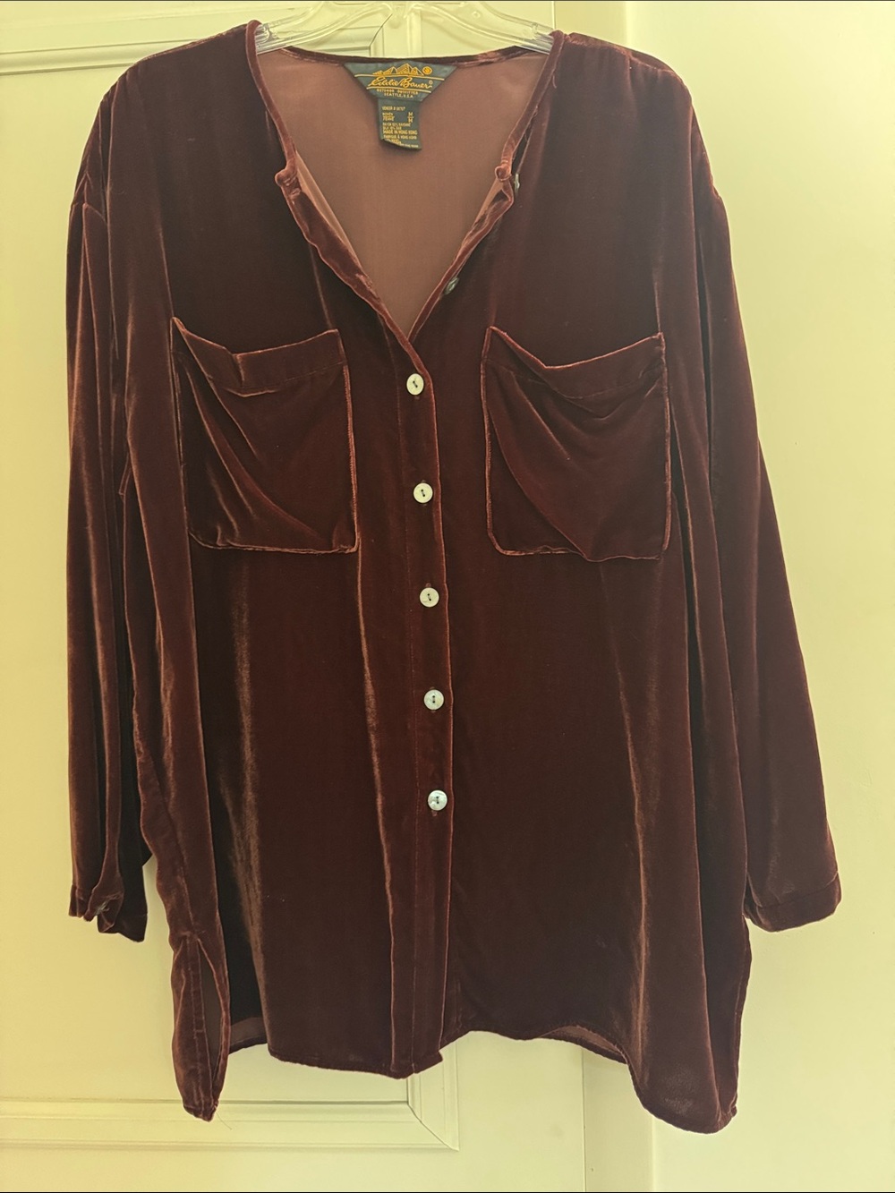 Vintage 90s Eddie Bauer Velvet Button Front Blouse Burgundy Medium